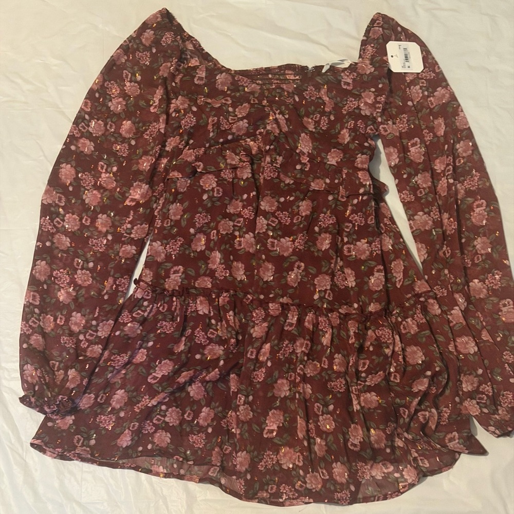 Altar'd State Burgundy Pink Floral Smocked Mini Dress Long Sleeve Size S NWT